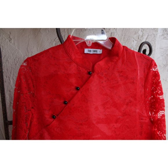 Too Tang Red Asian Style Dress Red Lace Size Large L 88074 Sheer Overlay - Picture 2 of 11